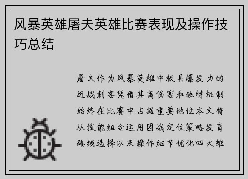 风暴英雄屠夫英雄比赛表现及操作技巧总结